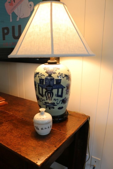 Blue & White Oriental Porcelain Table Lamp and a Small Porcelain Decorated Covered Jar