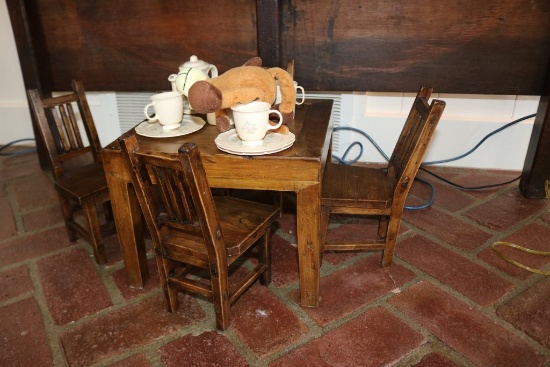 Childs Toy Wood Table and 4 Chairs w/a China Tea Set