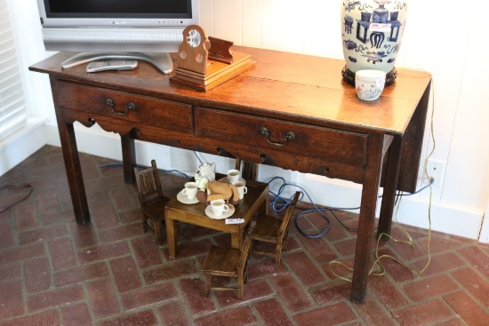 Very Early Two Drawer Long Table w/One Drop Leaf