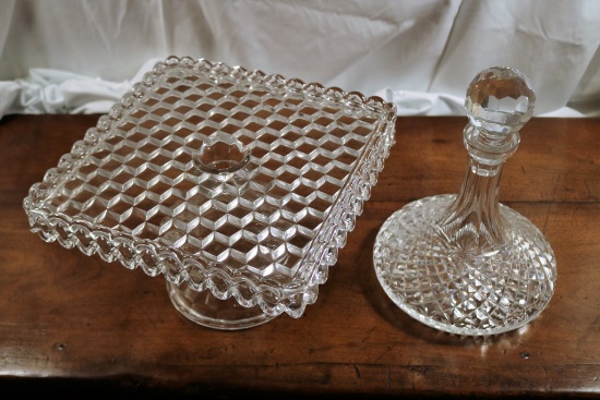 Fostoria Cake Stand and a Cut Crystal Decanter