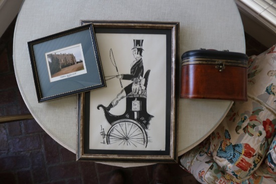 Decorative Wood Handled Box, a Small Framed Print and a Framed Picture