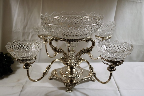 Four Arm Silver Plated Center Piece w/Large Cut Crystal  Bowl & 4 Small Side Bowls