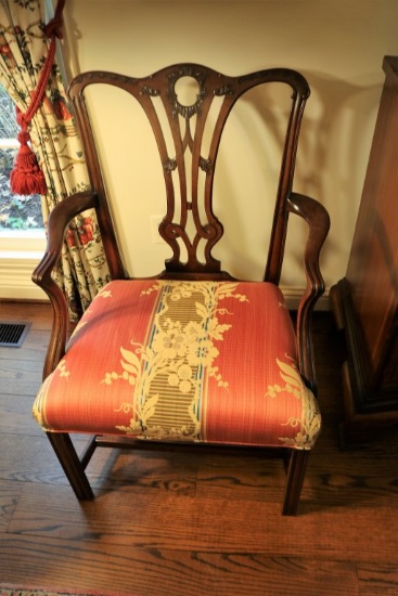 Chippendale Style Upholstered Arm Chair w/Open Work Back