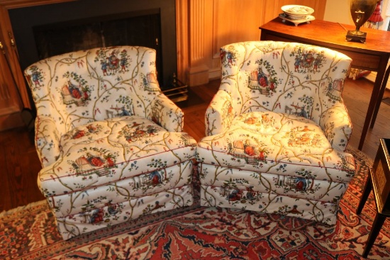 Pair of Upholstered Arm Chairs w/Oriental Motif Covering