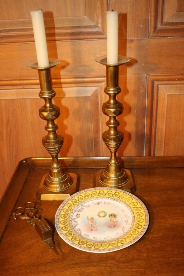 Pair of Brass Pushup Candle Sticks, a Candle Snuffer and a Austrian China Plate