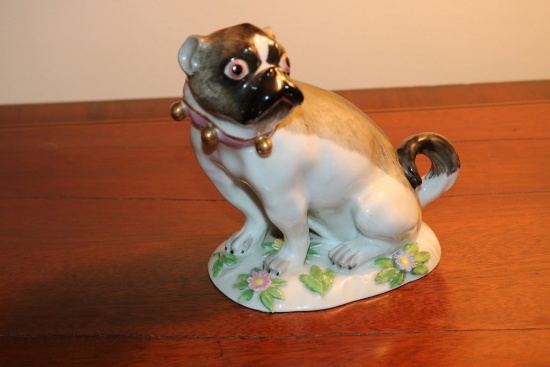 Porcelain Pug Dog Seated on a Floral Decorated Base