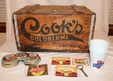 A Cook's Wood Beer Case, Cook's Beer Labels, a lot of Sterling Beer Coasters and plastic cups