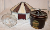 A Leaded Glass Hanging Shade, a Glass Piggy Bank and a Stoneware Cheese Crock with Label