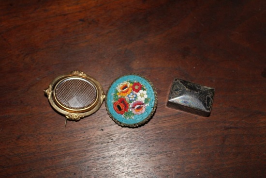 A Small Sterling Silver Pill box, A Mosaic Pin and A Victorian Hair Mourning Pin