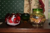 A Venetian Glass Ash Tray, Small Glass vase w/ Gold Decoration, a small Red Glass Rose Bowl