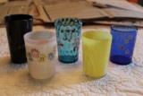 Five Colored Glass Tumblers Including Milk Glass and A Slag