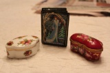 A Russian Style Lacquered Box w/ Figure w/ long coat, a Royal Albert Trinket Box