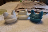 2 Milk Glass Hen on Nest Desk Blue & White, and A White Milk glass Rabbit Covered Dish