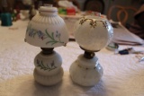 2 White Miniature Lamps, one Floral Decorated, & One w/ Raised Flur De Lis