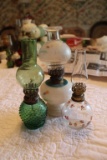 3 Miniature Lamps, a Stripped Green, a floral, and a pattern glass