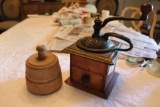 antique coffee mill, dove tail drawer and a butter mold