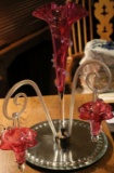 A Cranberry Glass 3 Arm Epergne w/ 3 Hanging Baskets