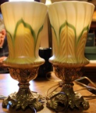 3 Night Lamps With Quezal Art Glass Pull Feather Shades, All Marked
