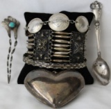 A Silver Bracelet, Silver Heart Pendant, A Silver Spoon Pin, Coin Bracelet