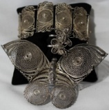 A Mexican Silver Butterfly Brooch, Bracelet, and Earrings