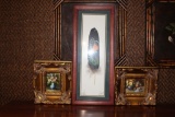 2 Framed Floral Pictures & A Framed Painted Feather
