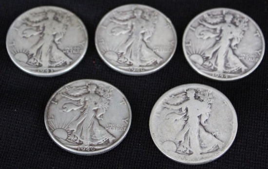 5 Walking Liberty Silver Half Dollars