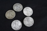 5 Walking Liberty Silver Half Dollars