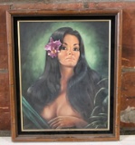 Framed Oil on Velvet Polynesian Girl