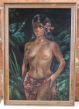 Framed Oil on Velvet Polynesian Half Nude