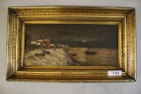 Framed Antique Oil on Board Harbor Scene w/Boats
