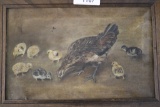 Framed Antique Oil on Canvas Hen and Chicks