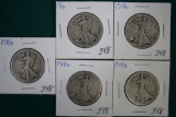 (5) 1918-D Walking Liberty Silver Half Dollars