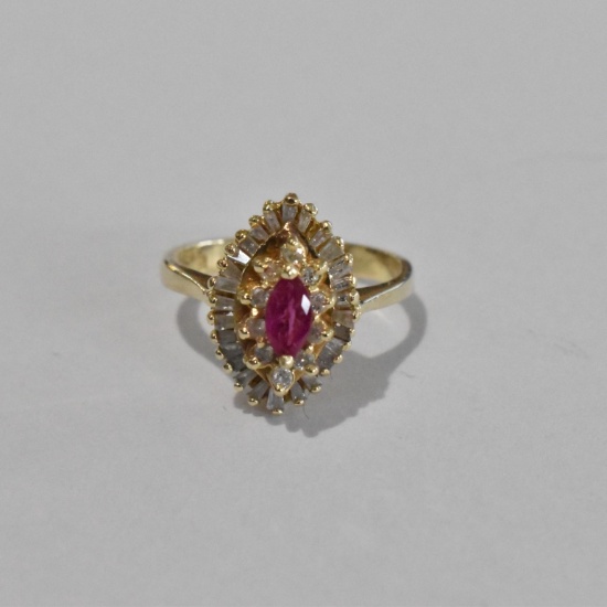 Genuine 14kt Ruby Diamond Baguette Estate Ring