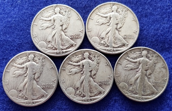 5 Walking Liberty Silver Half Dollars