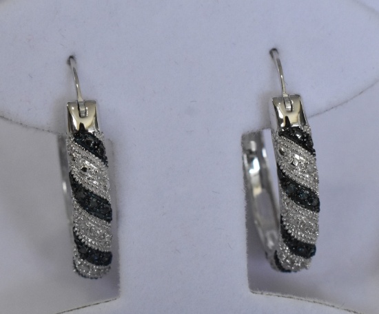 Genuine Blue & White Diamond Hoop Earrings