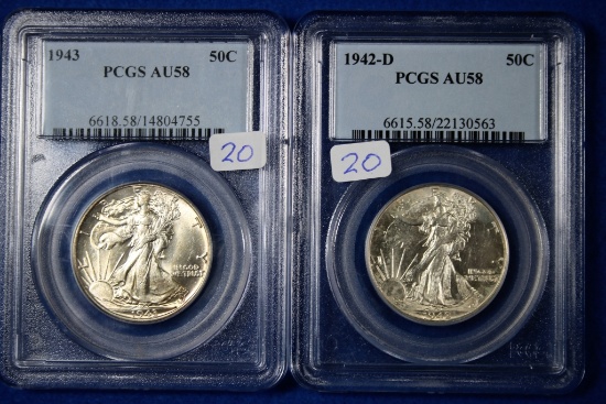 2- AU58, PCGS, Walking Liberty Half Dollar