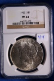 1922 MS64, NGC, Silver Peace Dollar