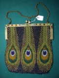 Antique Beaded Peacock Feather Style Purse