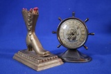 Metal Ships Wheel Thermometer & Boot Match Holder