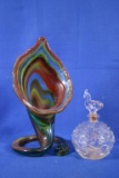 Crystal Cologne Bottle & Multi Colored Glass Vase