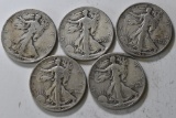 5 Silver Walking Liberty Half Dollars