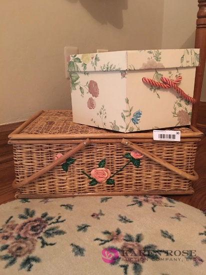 Wicker picnic basket, hexagon floral hat box