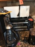 Coffee maker, toaster, toaster oven, dishes