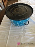 Blue granite ware pot with hinged lid