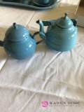 2 Blue granite ware miniature tea pots