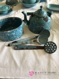 Mini blue speckled granite ware Childs teapot and Pat