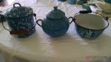 3 Vintage blue granite ware pieces