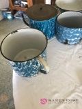 3 blue granite ware large cups