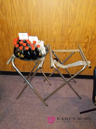 2 foding server stands and tray of bottled soy sauce