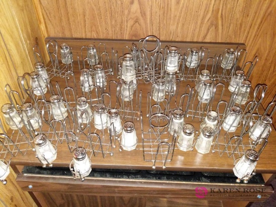 Lot of glass salt and pepper shakers with carriers